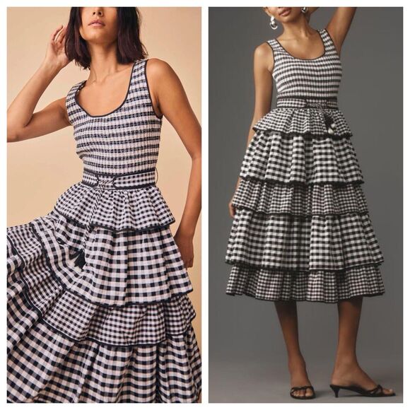 HUNTER BELL Andrea Black White Gingham Checkered Tiered Ruffle Dress Size 6 - Picture 1 of 6